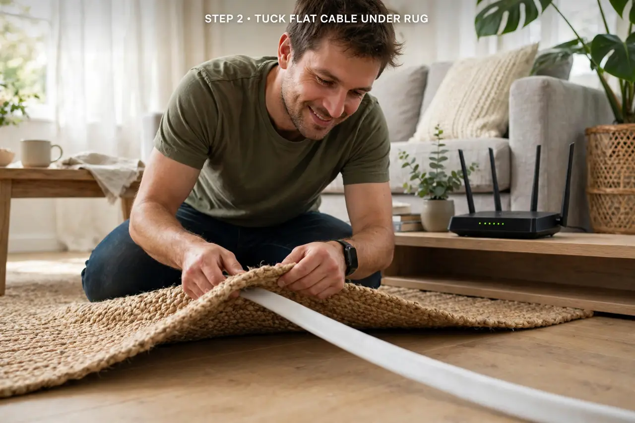 A person laying a real flat white ethernet cable under the edge of a rug in a living room, the cable nearly invisible, router in the background, the.