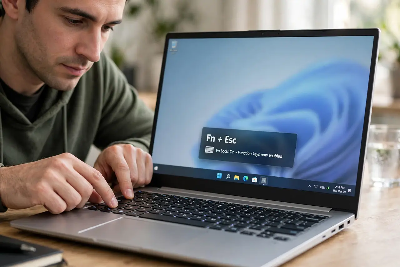 A focused man presses Fn and Escape together to toggle Fn lock on a laptop.