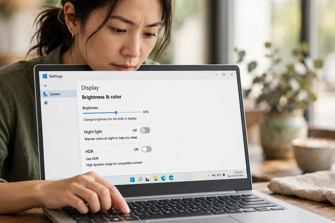 A focused woman presses keys on a Windows laptop showing brightness controls.
