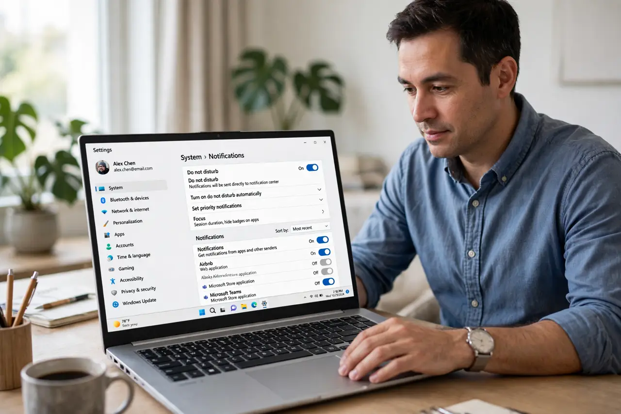 A focused man opens the Do not disturb settings in Windows Notifications.