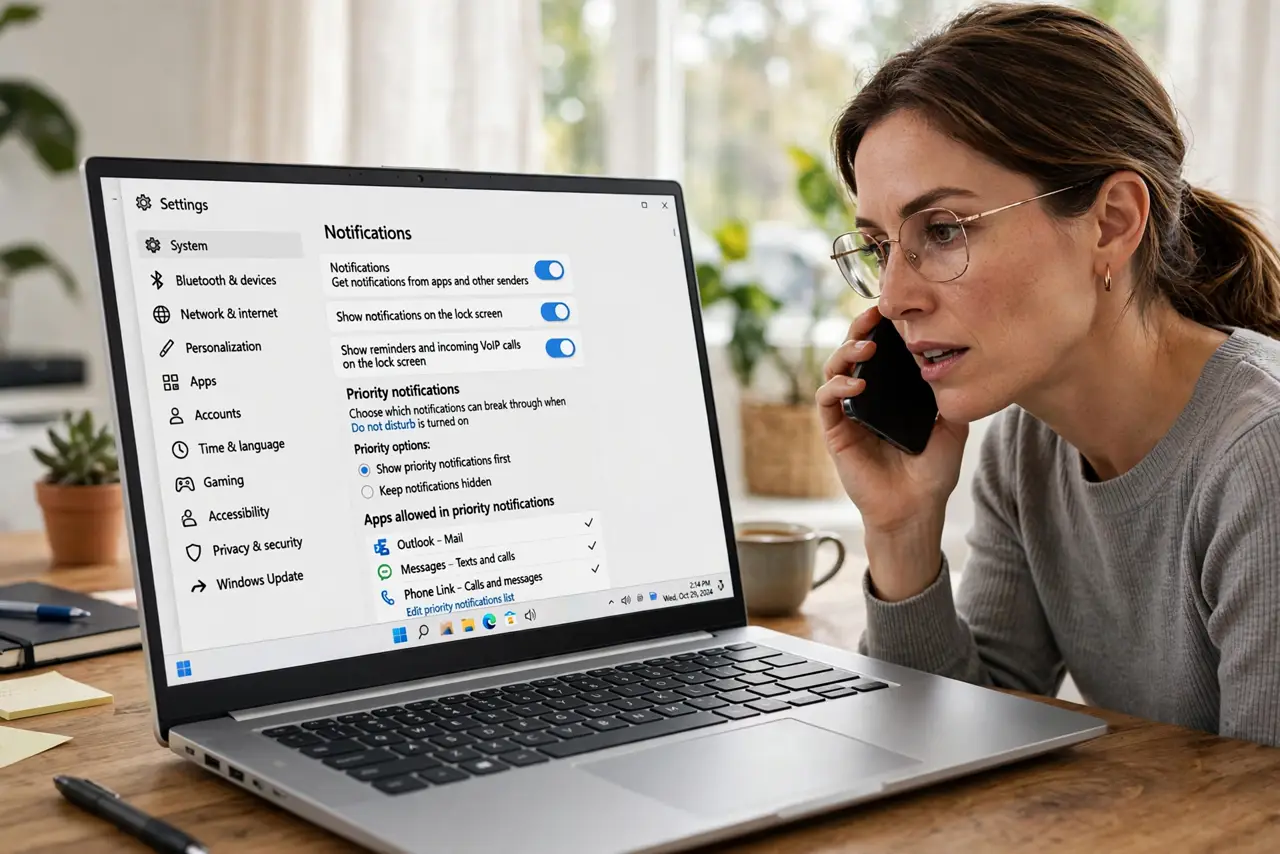 A focused woman answers a call beside a Windows laptop showing notification priority options.