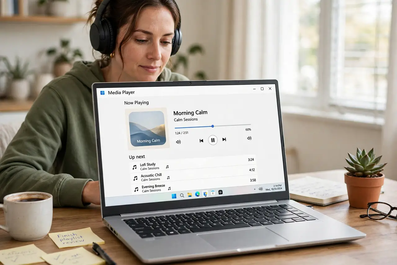a calm adult at a desk wearing real headphones, a real Windows laptop open showing a normal music player with legible track names, the person working with a calm expression