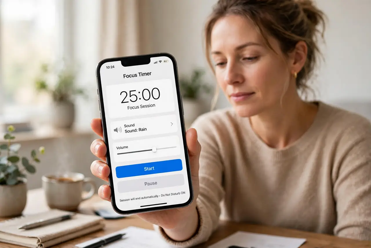 a calm adult at a desk with a real phone in hand showing a focus timer app on the real screen with a sound setting visible. No black screen, no blank white scre