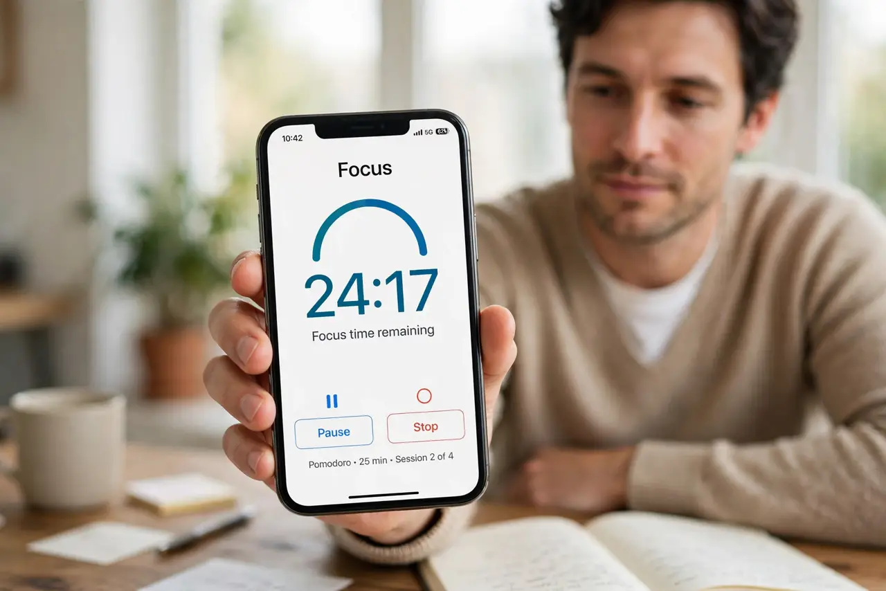 a calm adult at a desk with a real phone in hand showing a focus timer running on the real screen, time display legible. No black screen, no blank white screen,