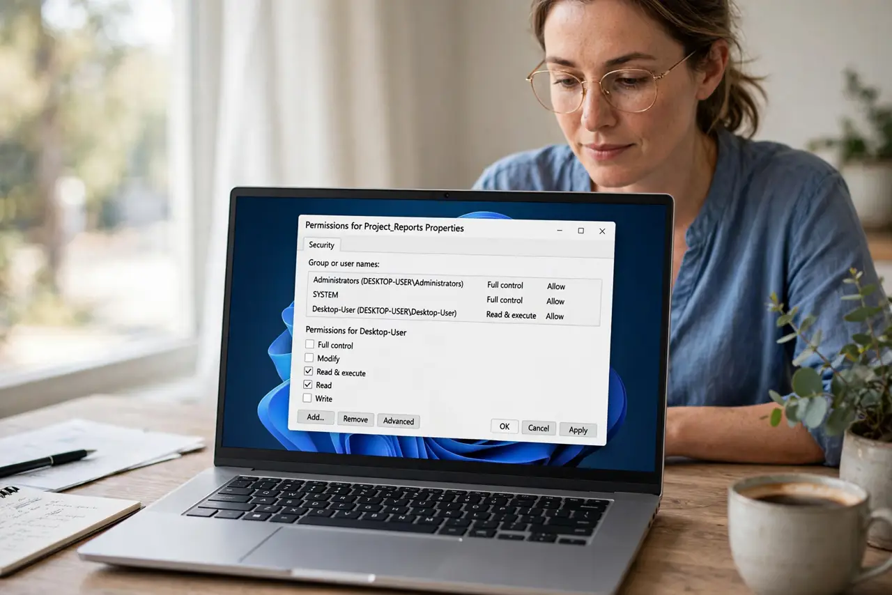 a calm adult at a desk with a real Windows laptop showing folder permission settings on the real screen, access entries legible. No black screen, no blank white