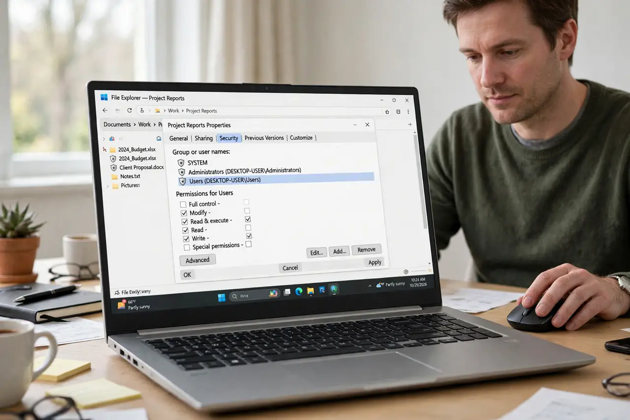 An adult opening the Security tab of a folder Properties window.