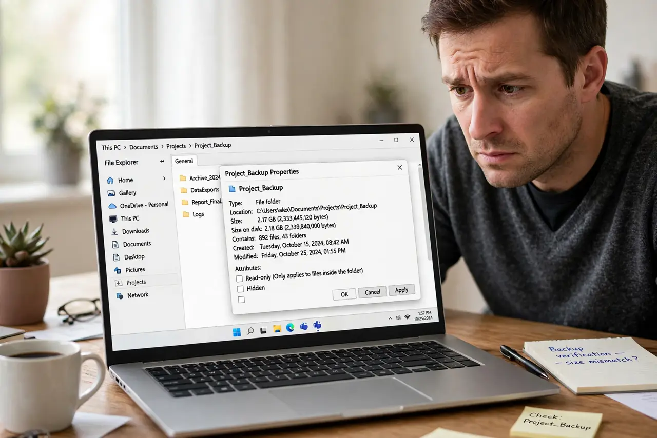 A worried adult looking at a Windows folder properties window after being denied access.