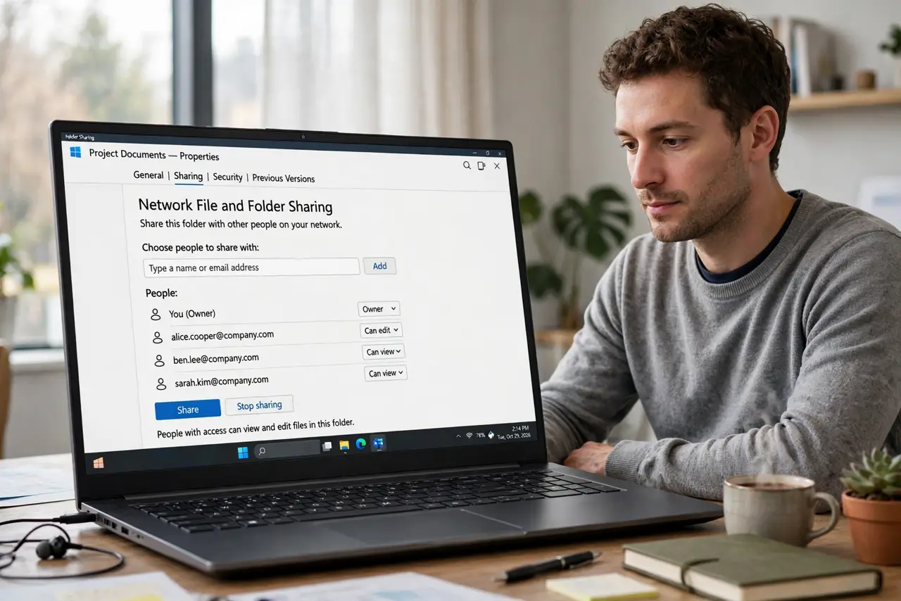 a calm adult at a desk with a real Windows laptop showing folder sharing settings on the real screen, the people list legible. No black screen, no blank white s