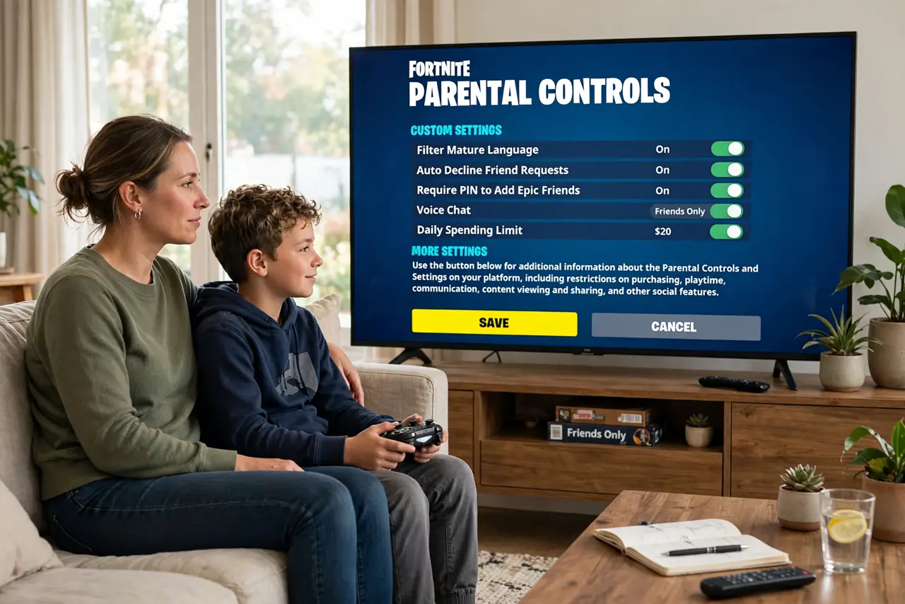 a parent and child sitting together with a real game controller, a TV showing the Fortnite parental controls screen with legible text, both faces calm, livin...