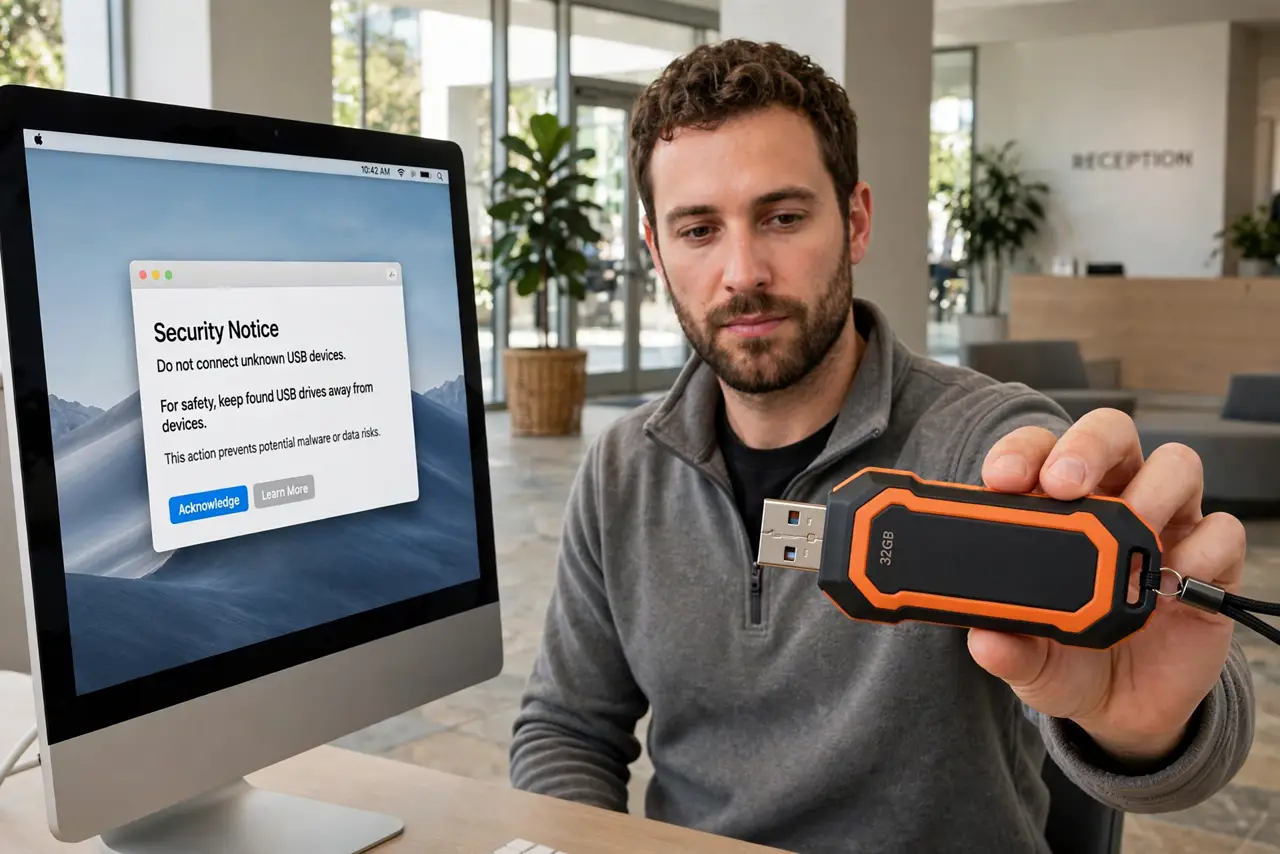 Photoreal photo of a person performing the first step: Do not plug it in. Ever. This is the whole rule. USB devices can emulate keyboards and execu...