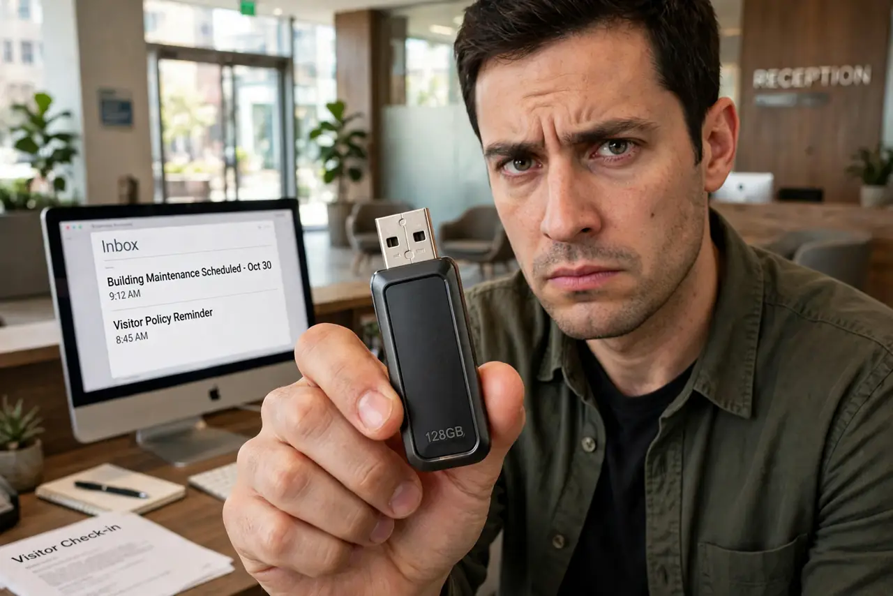 Photoreal photo: a person holding a found USB drive between thumb and forefinger with a cautious expression, a computer in the background untouched, office lobby setting. No black screen, no blank white screen, no ...
