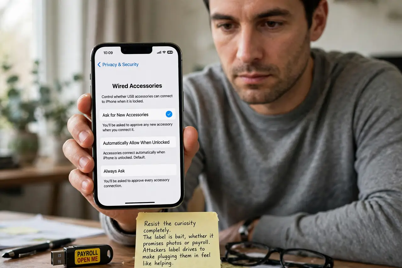 A person performing step 1 of the guide: Resist the curiosity completely. The label is bait, whether it promises photos or payroll. Attackers label drives to make plugging them...