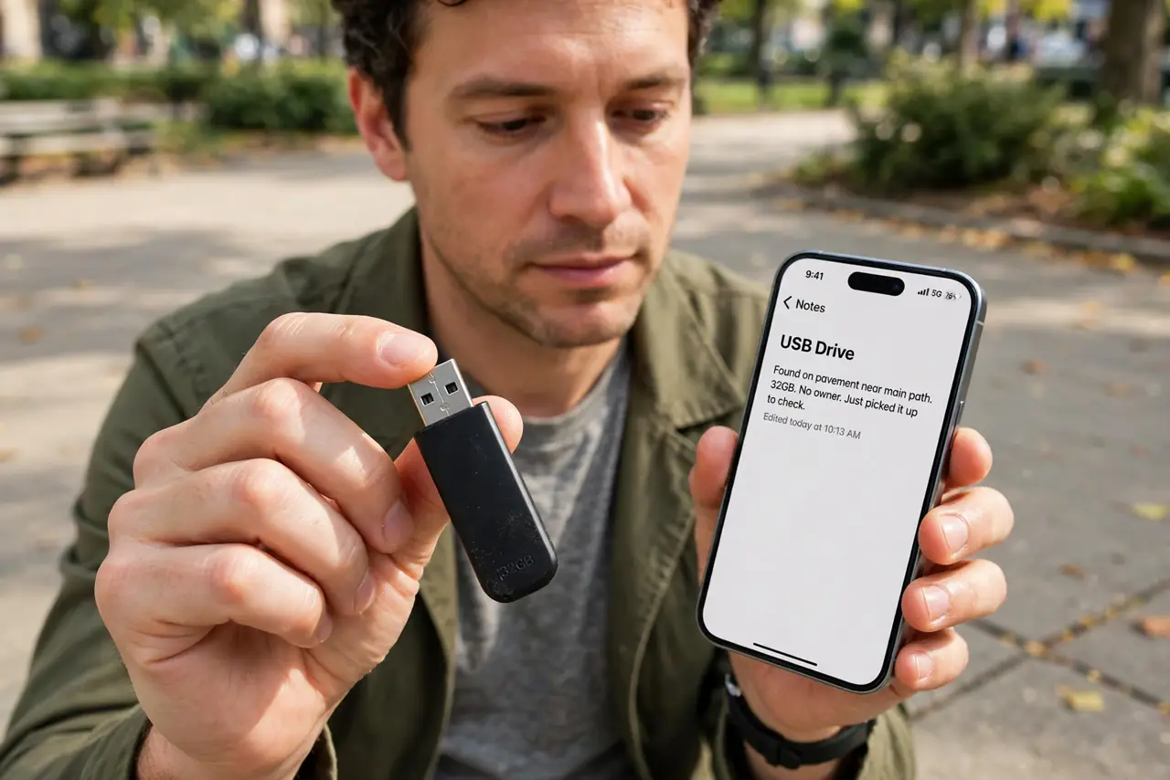 a calm adult outdoors looking at a real USB flash drive lying on a pavement, the person holding it with two fingers and not plugging it into anything, a phone in the other hand