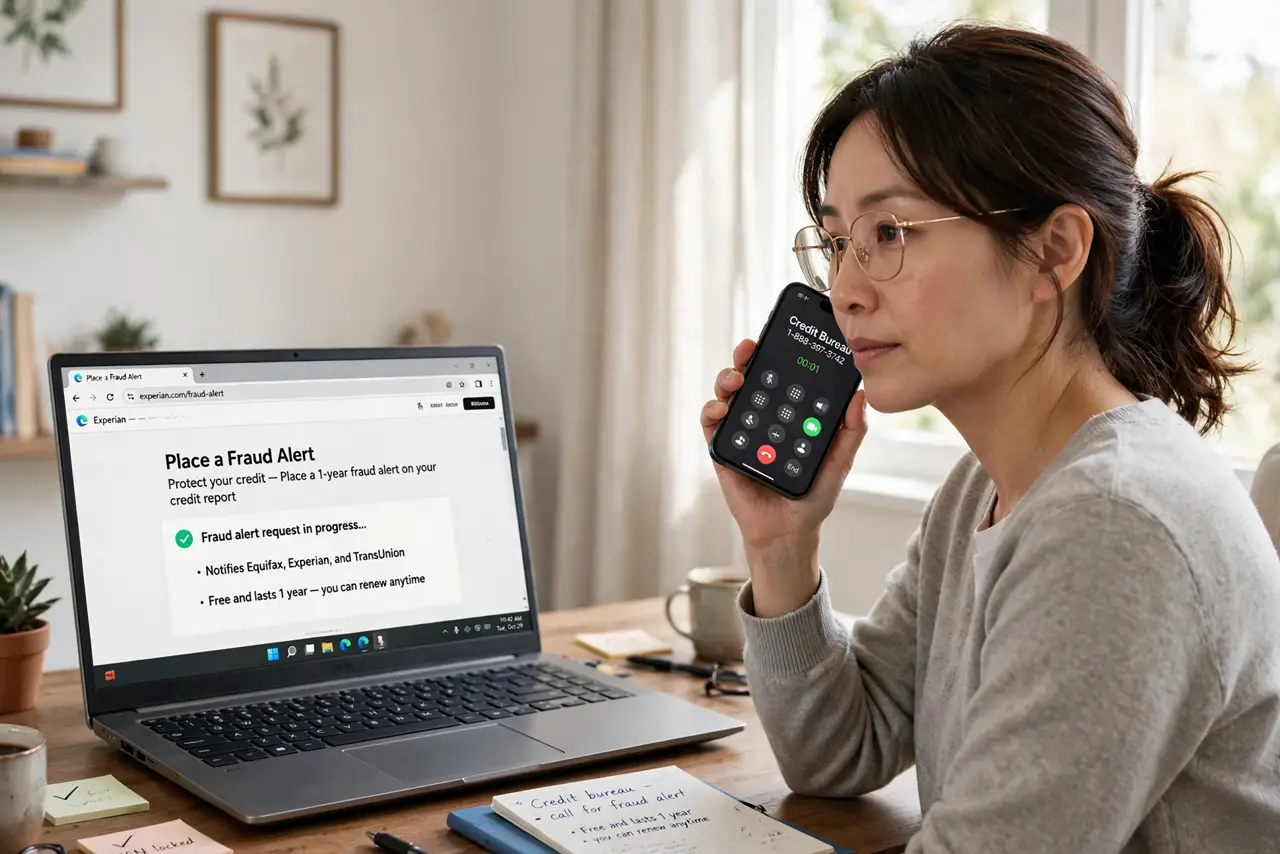 A person performing the first step: Call one bureau. Contact Equifax, Experian, or TransUnion — whichever you prefer. By law, that bureau notifies the.