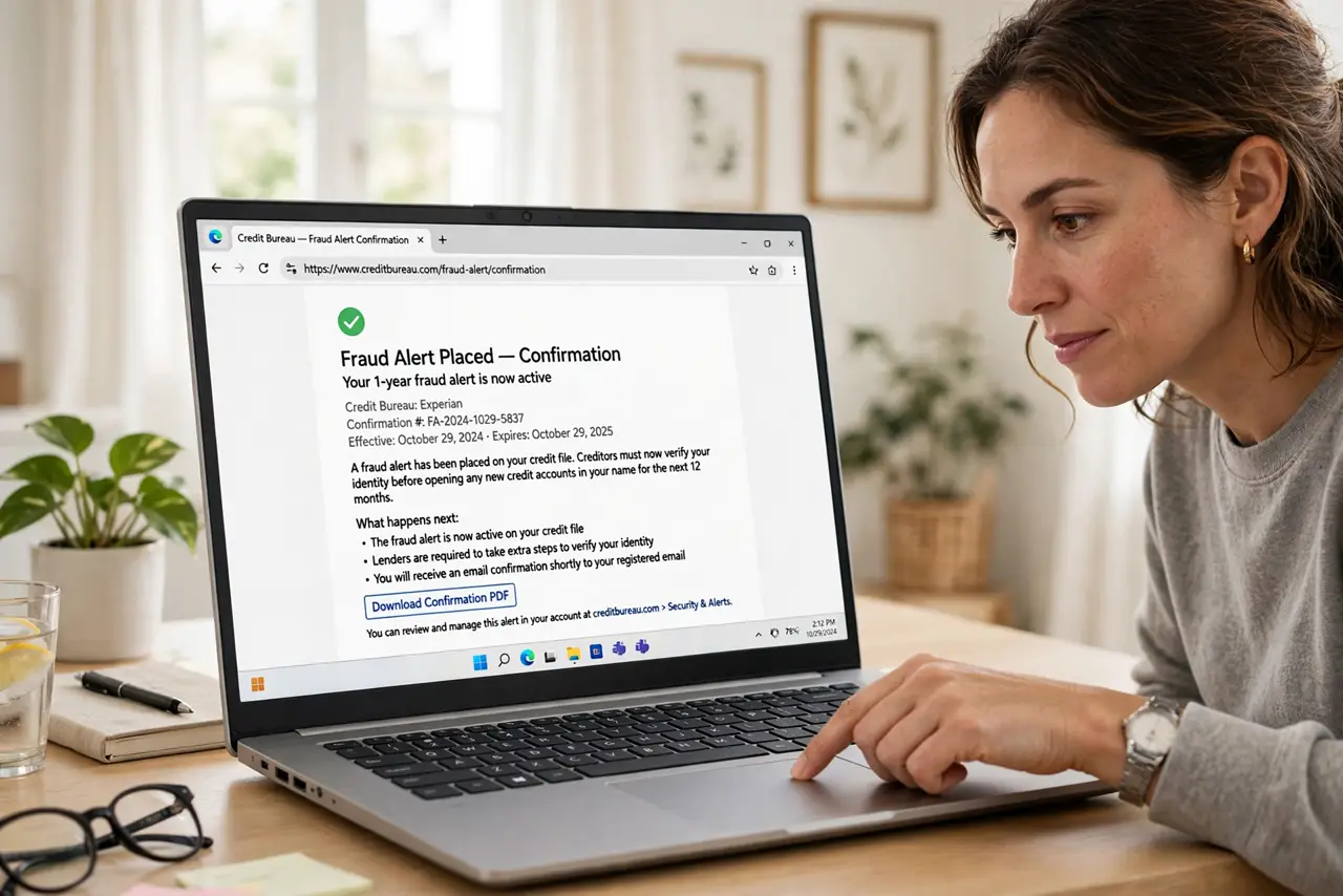 a person placing a fraud alert on a real laptop showing a credit bureau fraud alert confirmation, the person's face serious but relieved, bright home office. No black screen, no bl.