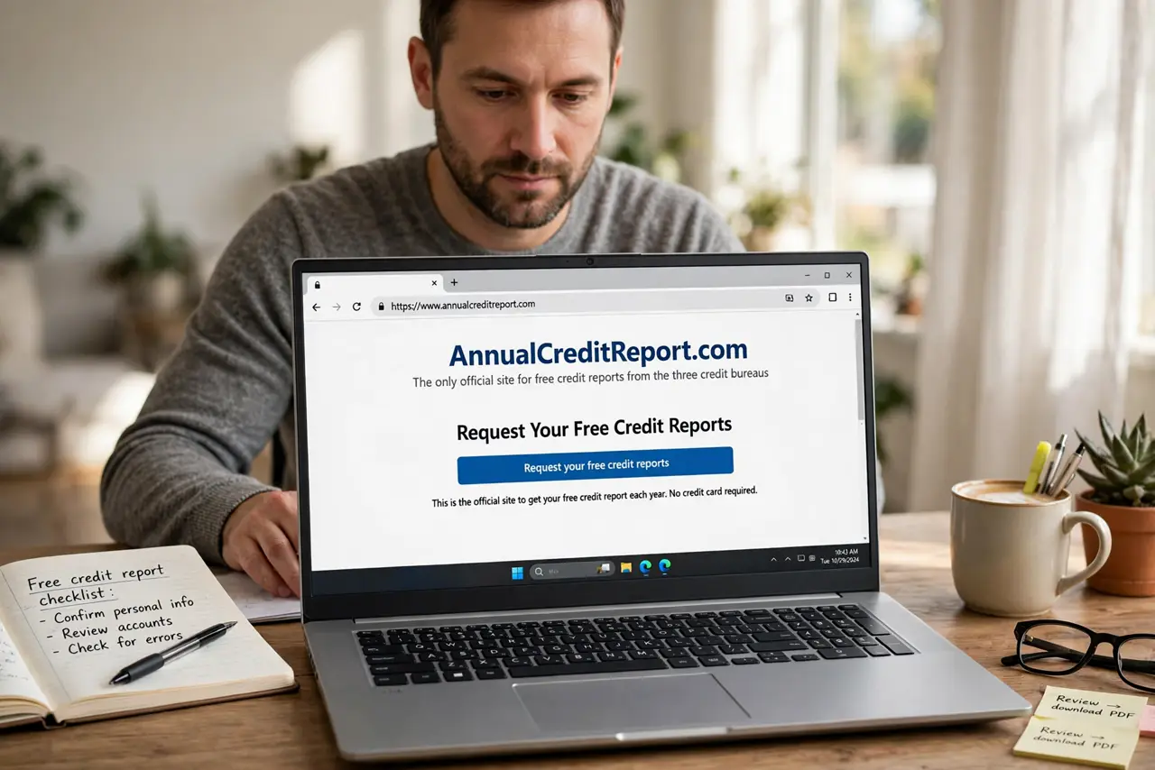 A person performing the first step: Use the official source only. Type AnnualCreditReport.com yourself — it is the only.
