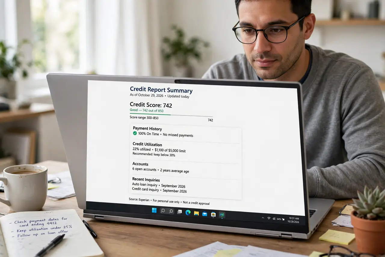 An adult sitting at a home desk looking at a real laptop showing a credit report summary page with legible headings,