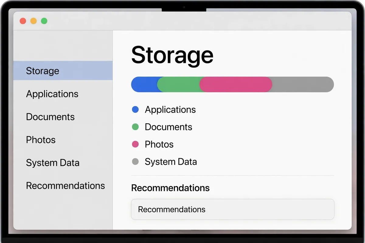 A recreation of the macOS Storage settings screen showing a colored storage breakdown bar with Applications, Documents, Photos, and System Data listed.