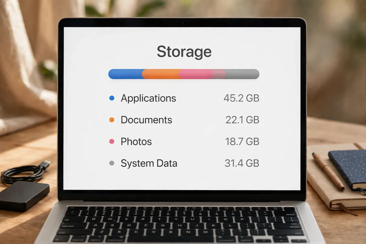 A silver MacBook on a wooden desk beside an external drive and notebooks, its screen showing macOS Storage with a colored bar and Applications, Documents, Photos and System Data.