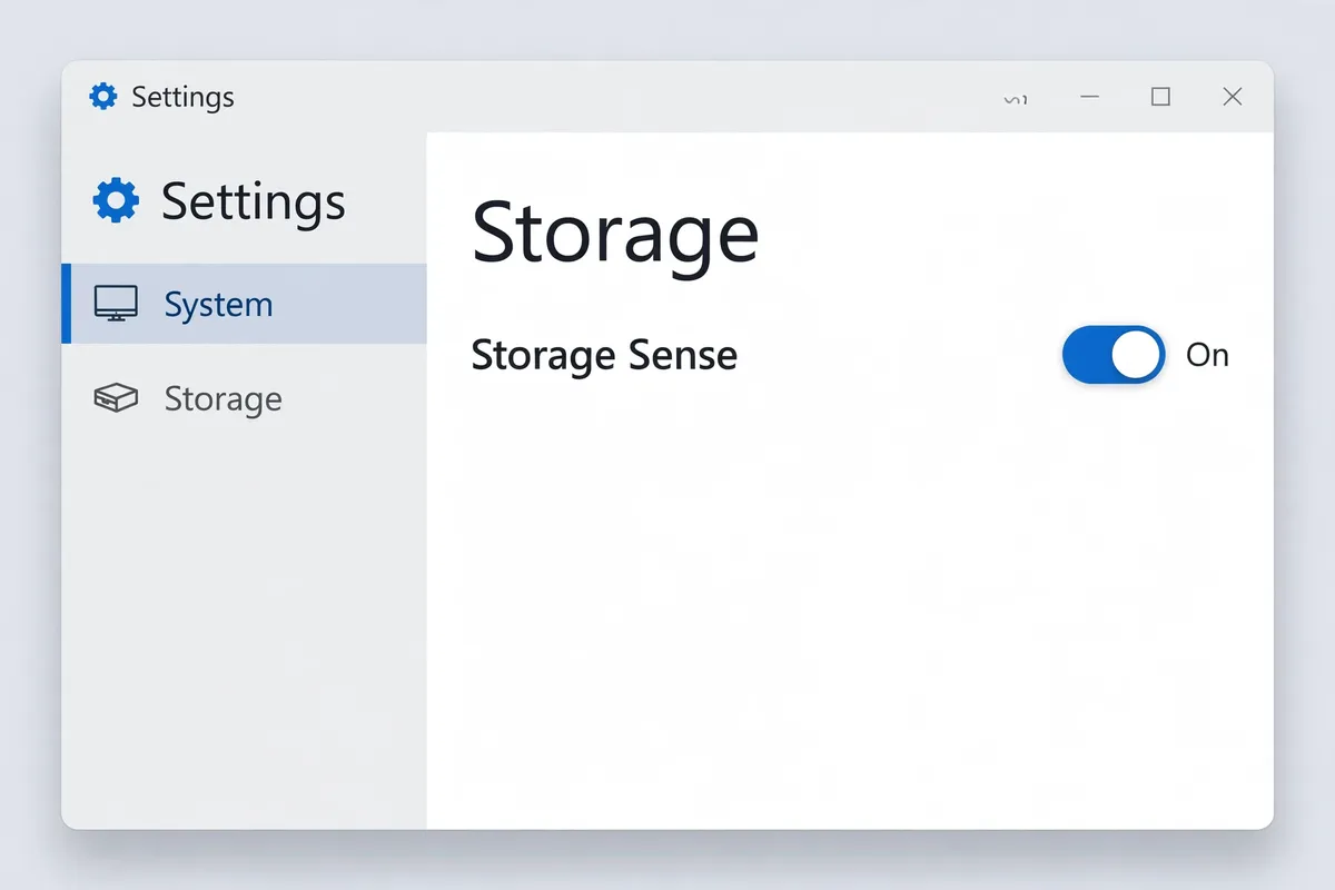 Example recreation of the Windows Settings Storage screen with the Storage Sense toggle switched on.