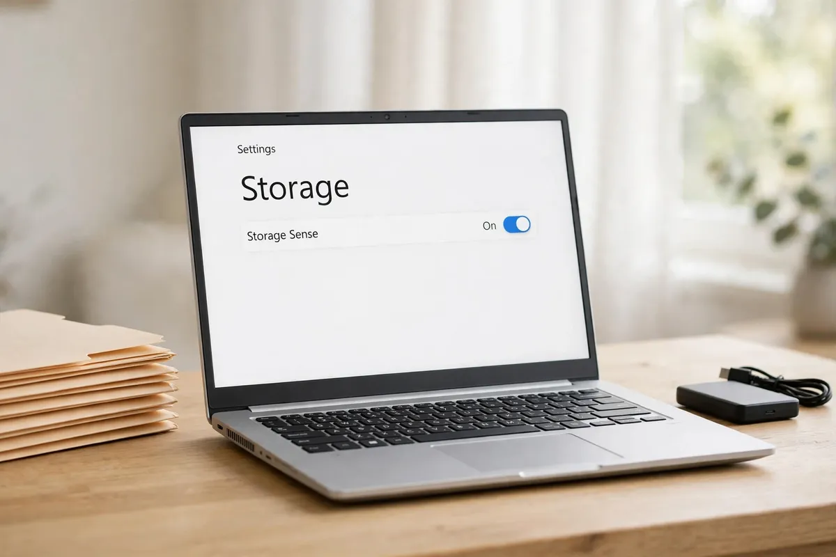 A laptop showing Windows Storage settings with Storage Sense switched on, beside a small black external drive and a stack of manila folders.