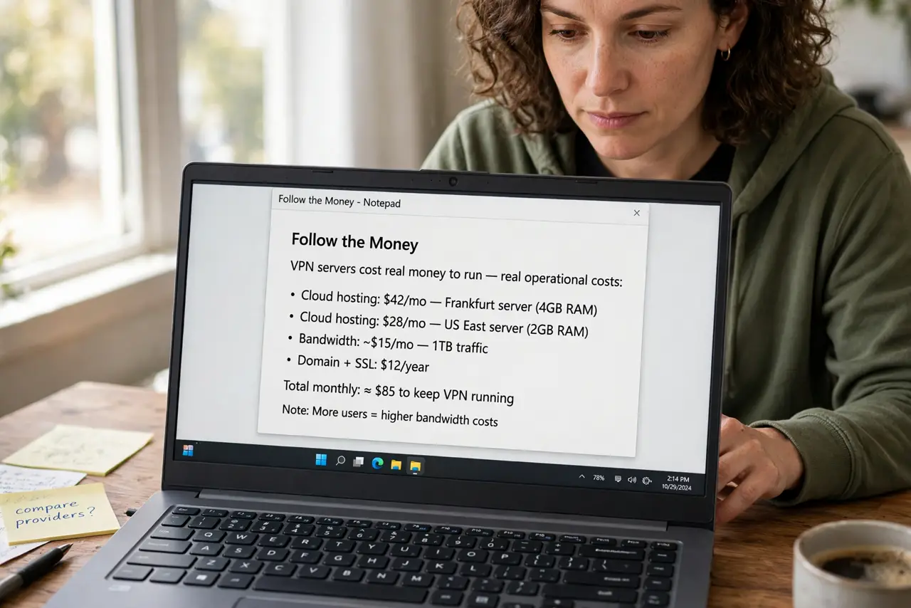 Step 1 in action for Free VPNs: What's the Catch: Follow the money. VPN servers cost real money to run.