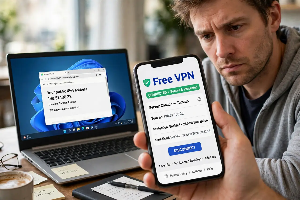Free VPNs: What's the Catch — a thoughtful adult holding a real phone showing a free VPN app with fully legible text, a laptop beside them,