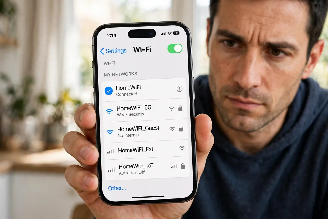 That 'Free WiFi' Might Be a Trap — a calm adult holding a real iPhone showing the Wi-Fi network list with several similar network names fully leg