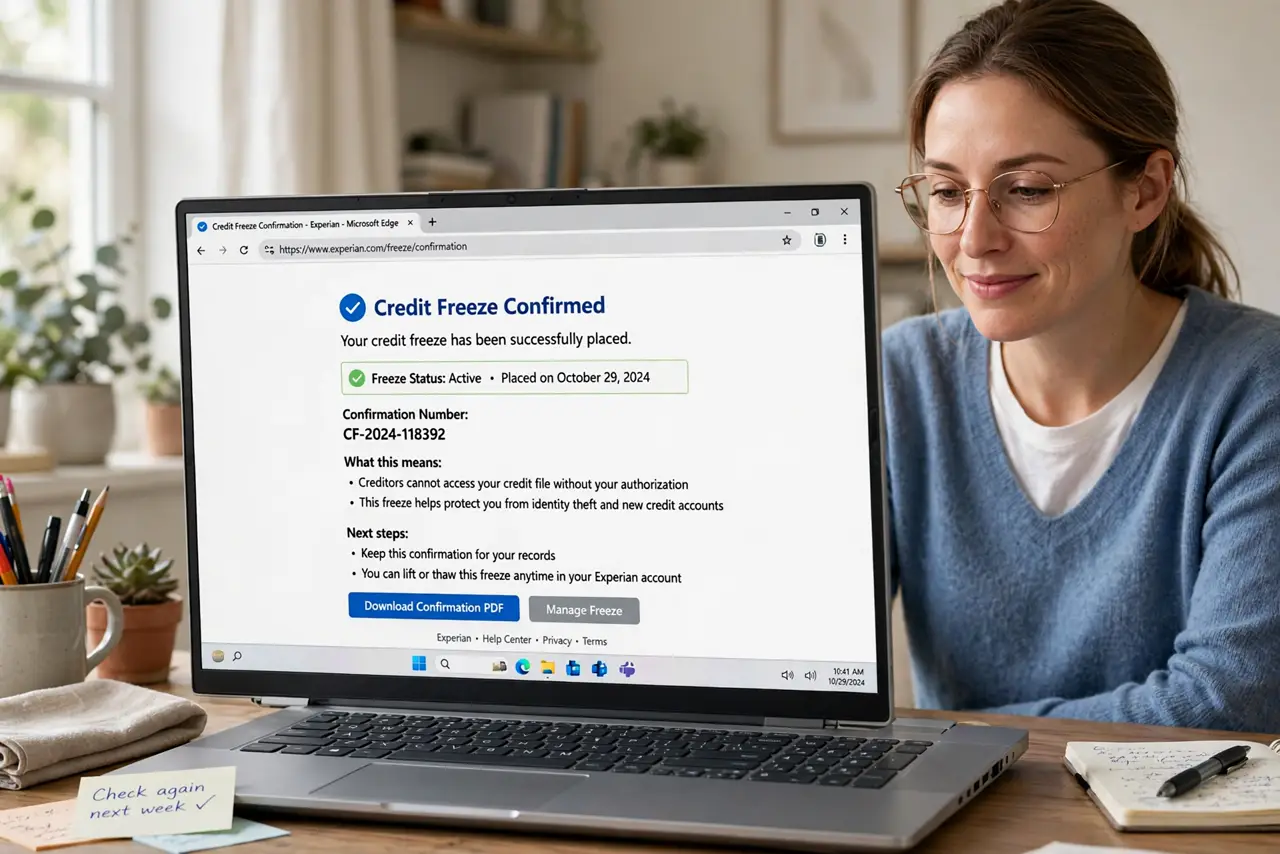 a person at a real laptop showing a credit bureau freeze confirmation page with legible text, the person's face relieved and focused, home office. No black screen, no blank white s.