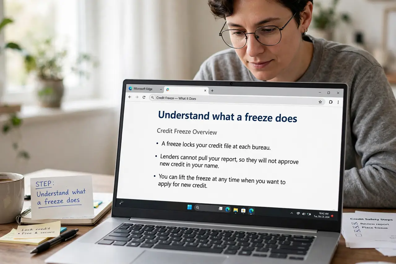 A person performing the guide's first step: Understand what a freeze does. A freeze locks your credit file at each bureau. Lenders cannot pull your report, so they will not approve…