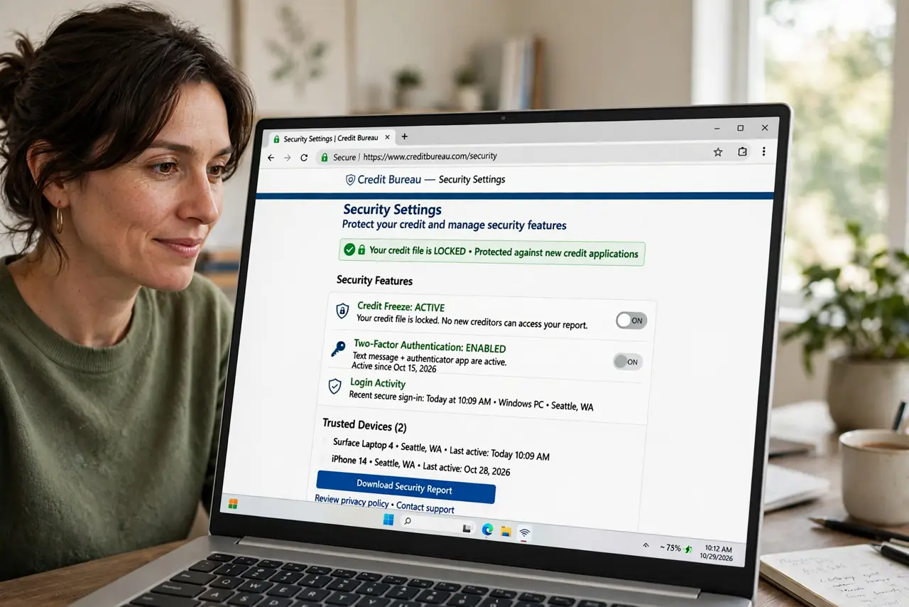 A person at a real laptop showing a credit bureau website with legible security settings, a locked padlock symbol on screen, the person's face relieved and decisive, home office.