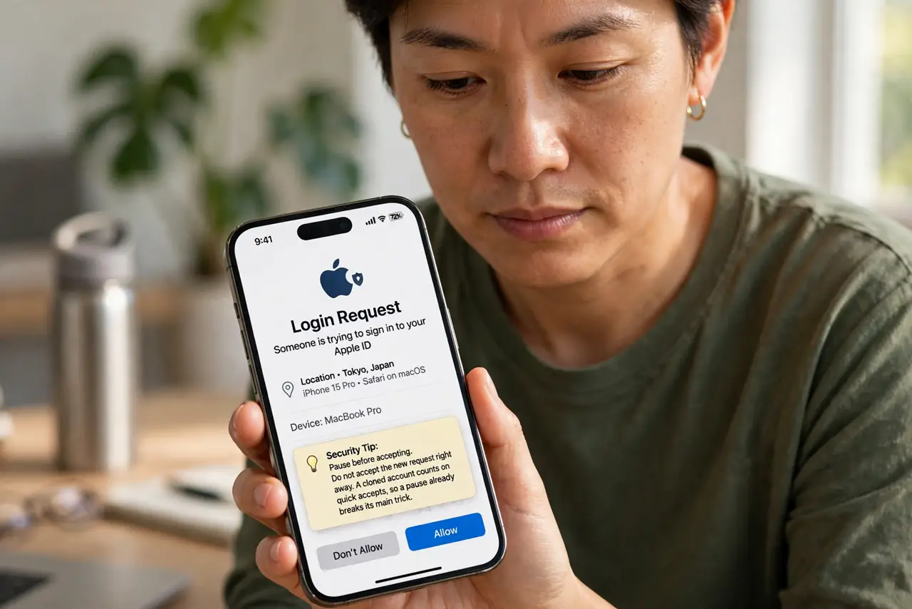 A person performing step 1 of the guide: Pause before accepting. Do not accept the new request right away. A cloned account counts on quick accepts, so a pause already breaks...