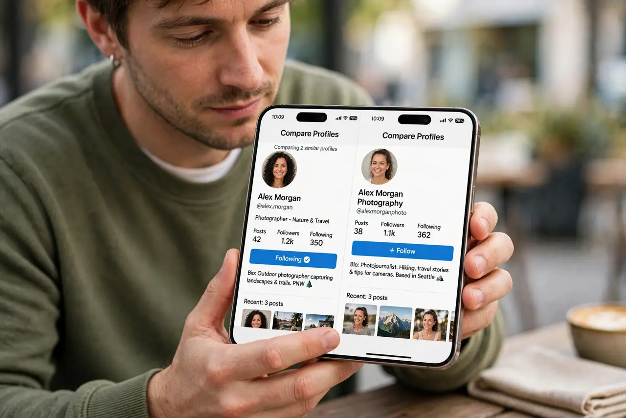 a calm adult holding a real iPhone showing two similar social profile pages side by side with normal names and legible text, the person comparing them carefully