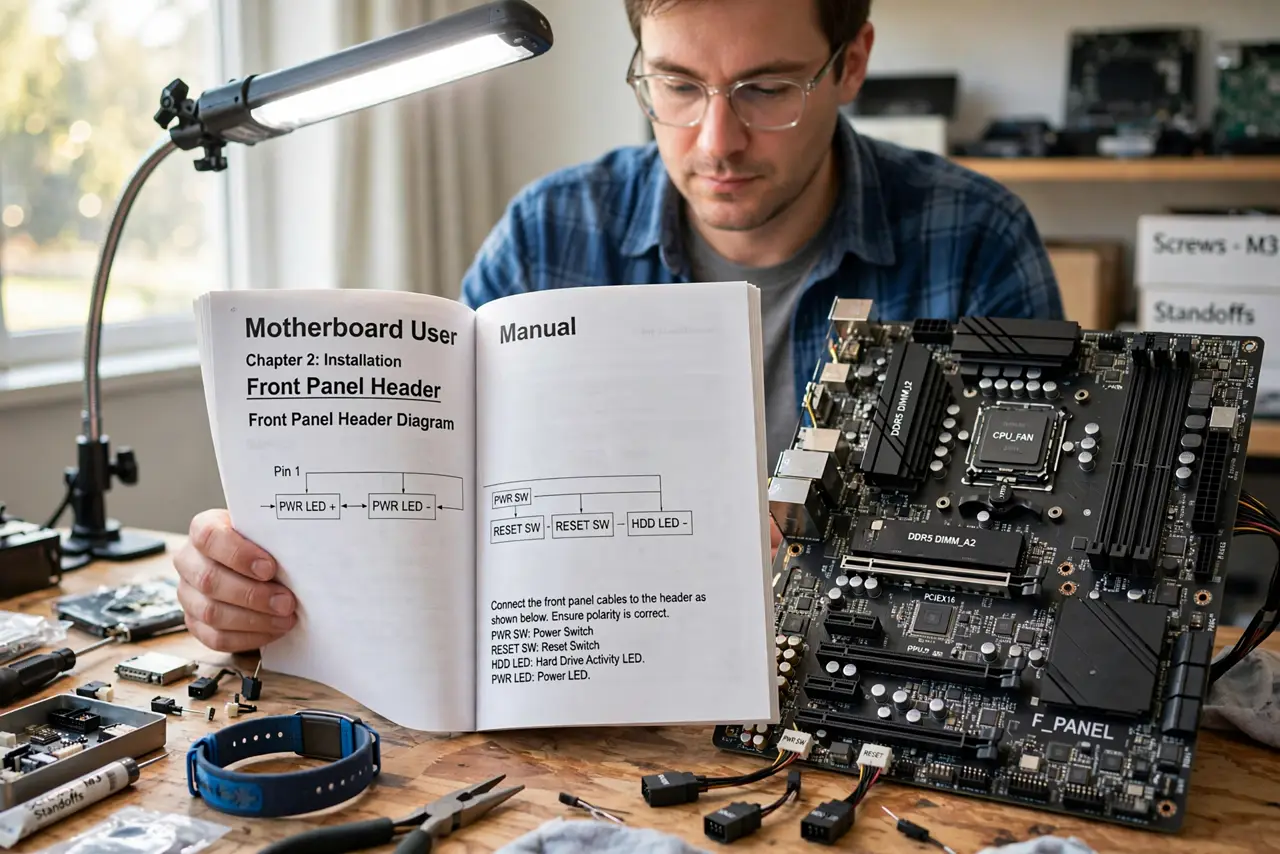 A person performing the first step: Open the manual to the header diagram. The front-panel header layout is printed in.