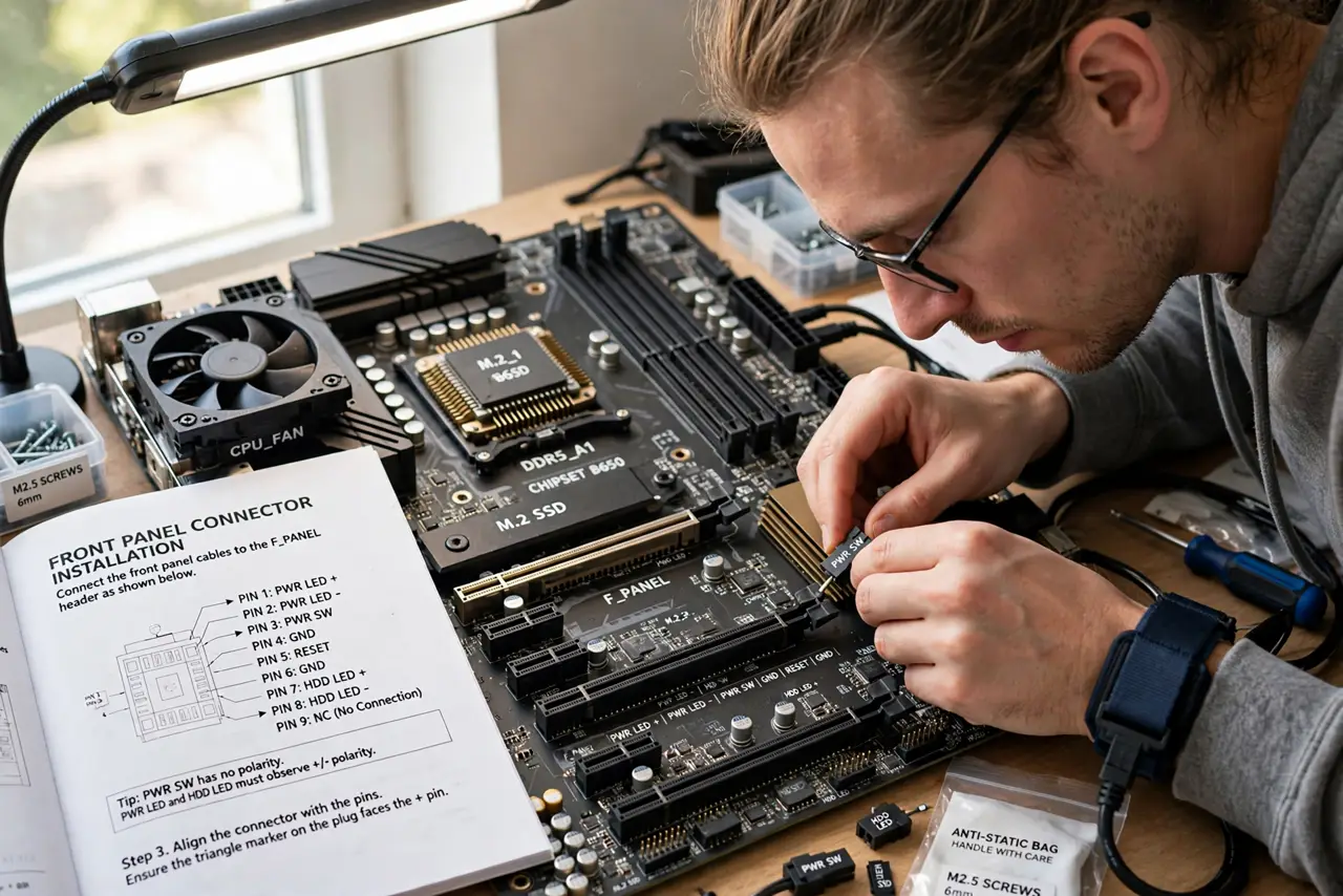 A person's fingers connecting tiny front panel plugs to motherboard pins, the motherboard manual open beside showing a