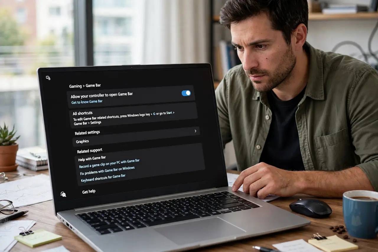A focused man views the Game Bar settings page with the toggle on a Windows laptop.