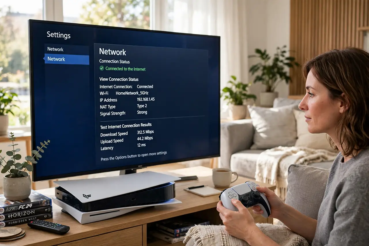 Photorealistic photo: A calm adult in a living room holding a real game controller, the real console network screen visible complete and legible, the person playing calmly.