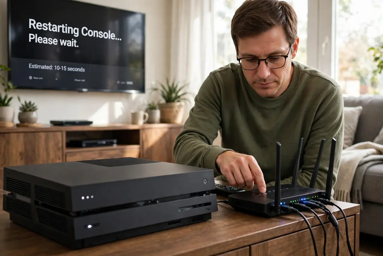 Person performing step 1: Restart the console and router. Restart the console fully, then restart the router and wait for its lights to settle. A clean restart...