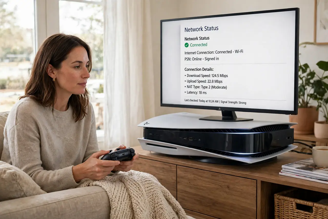 Photorealistic photo: A calm adult in a living room holding a real game controller near a real console, the real console network status visible complete and legible, the person checking calmly.