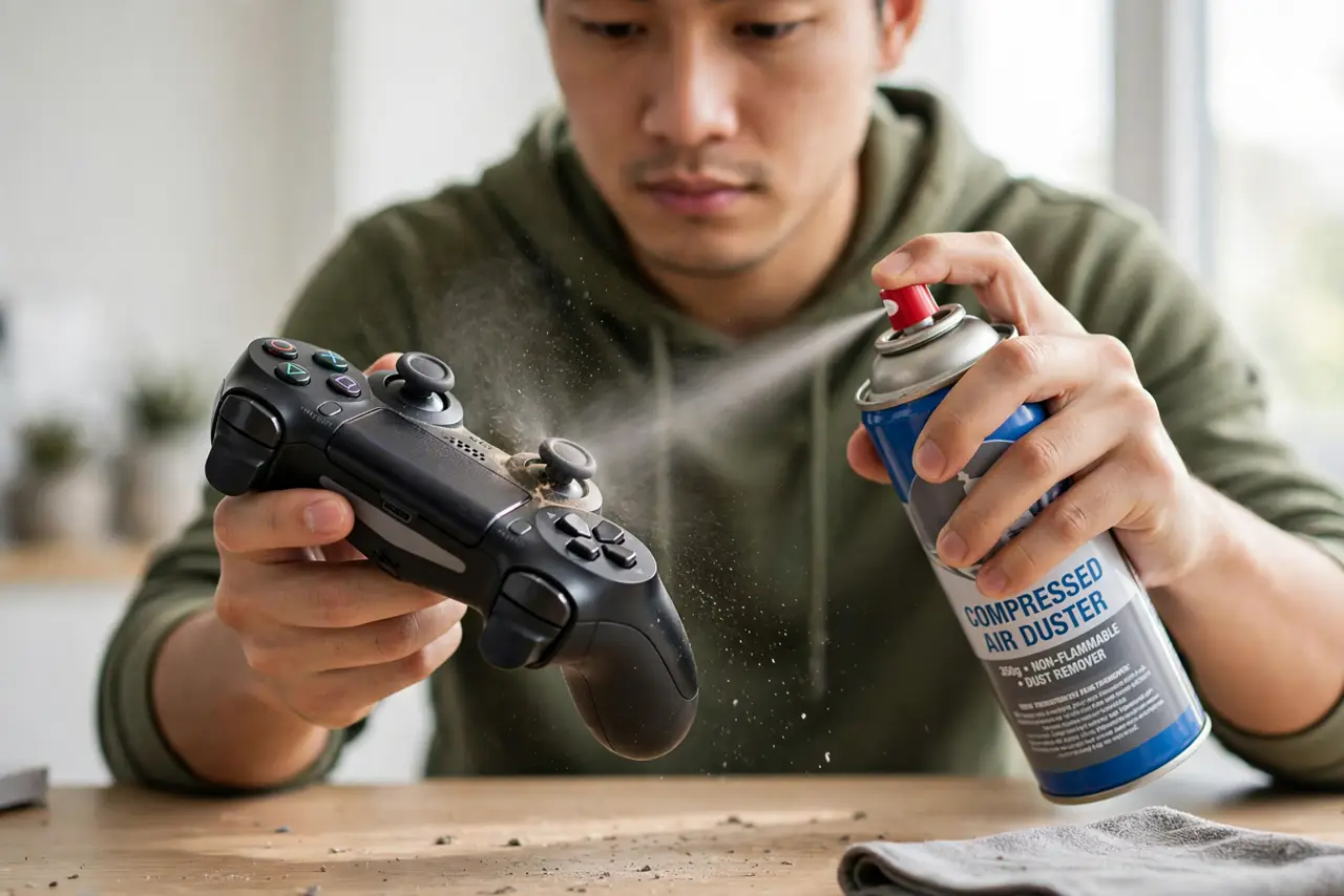A person performing step 1: Blow out dust around the stick.