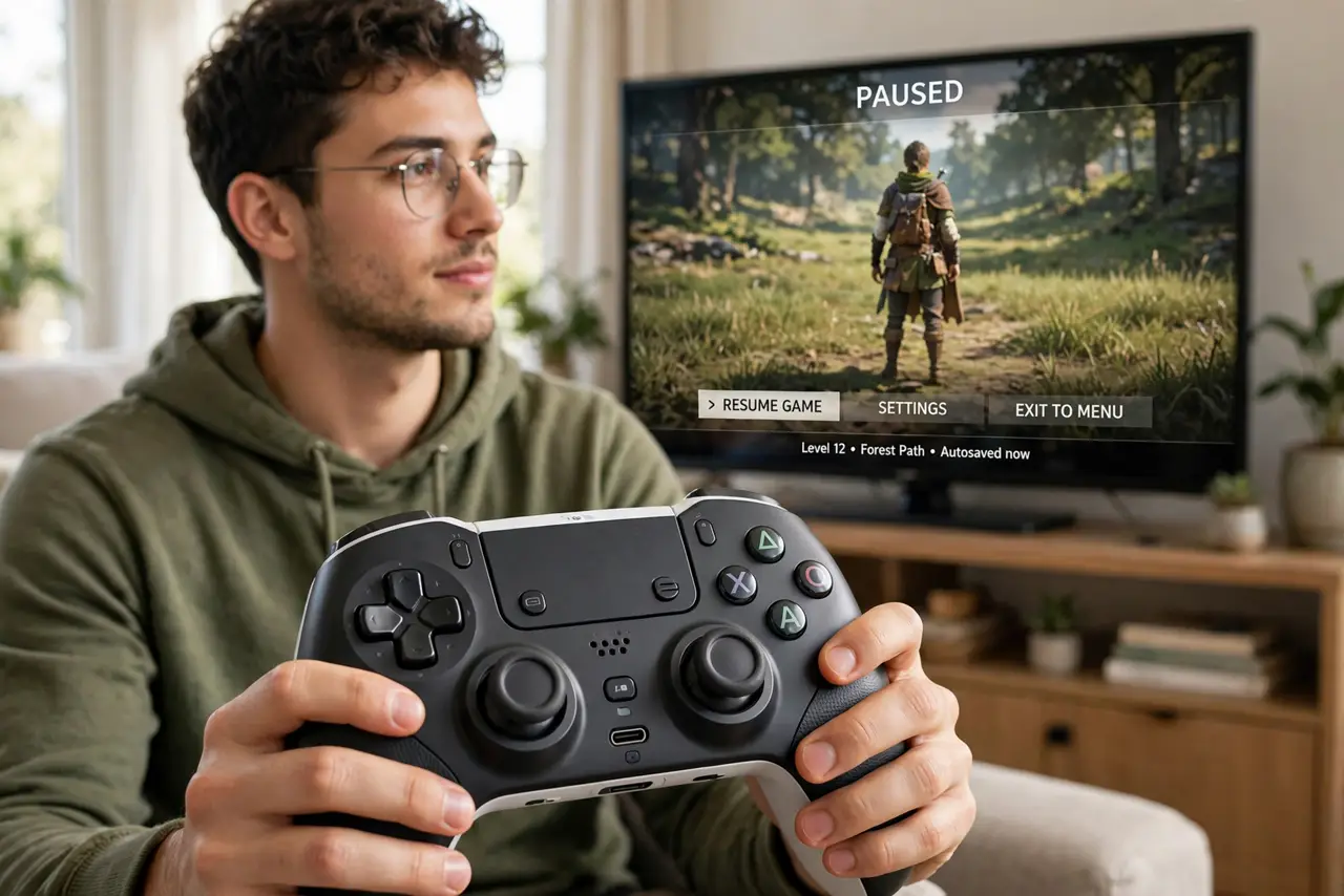 A calm gamer holding a real game controller, thumbs off the sticks, a TV in the background showing a game menu with legible text, the character standing still.