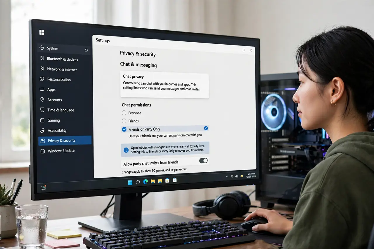 A person performing the first step of the guide: Set chat to friends or party only.