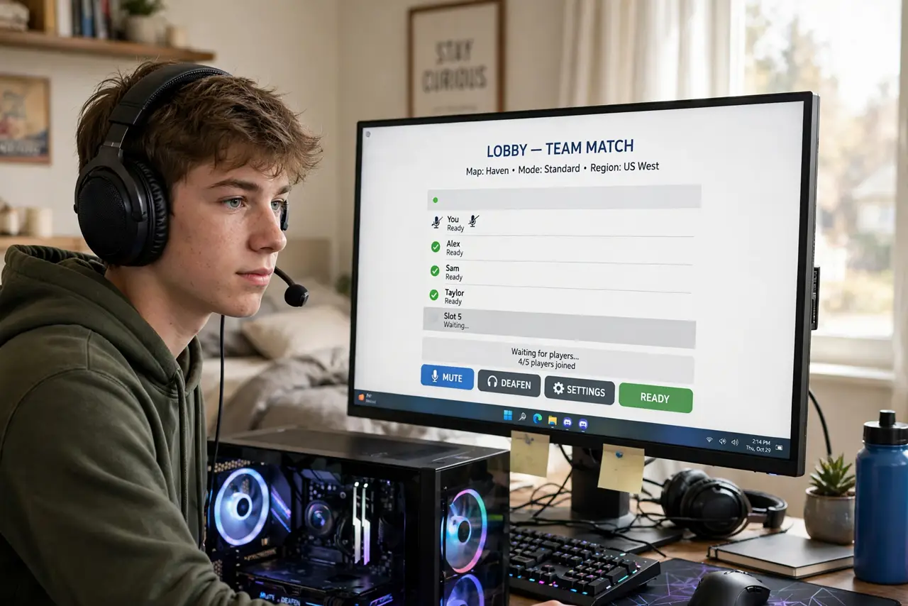 a teen with a real headset at a real gaming PC, the screen showing a legible game lobby with a mute button visible, the person's face calm, bedroom with soft light.