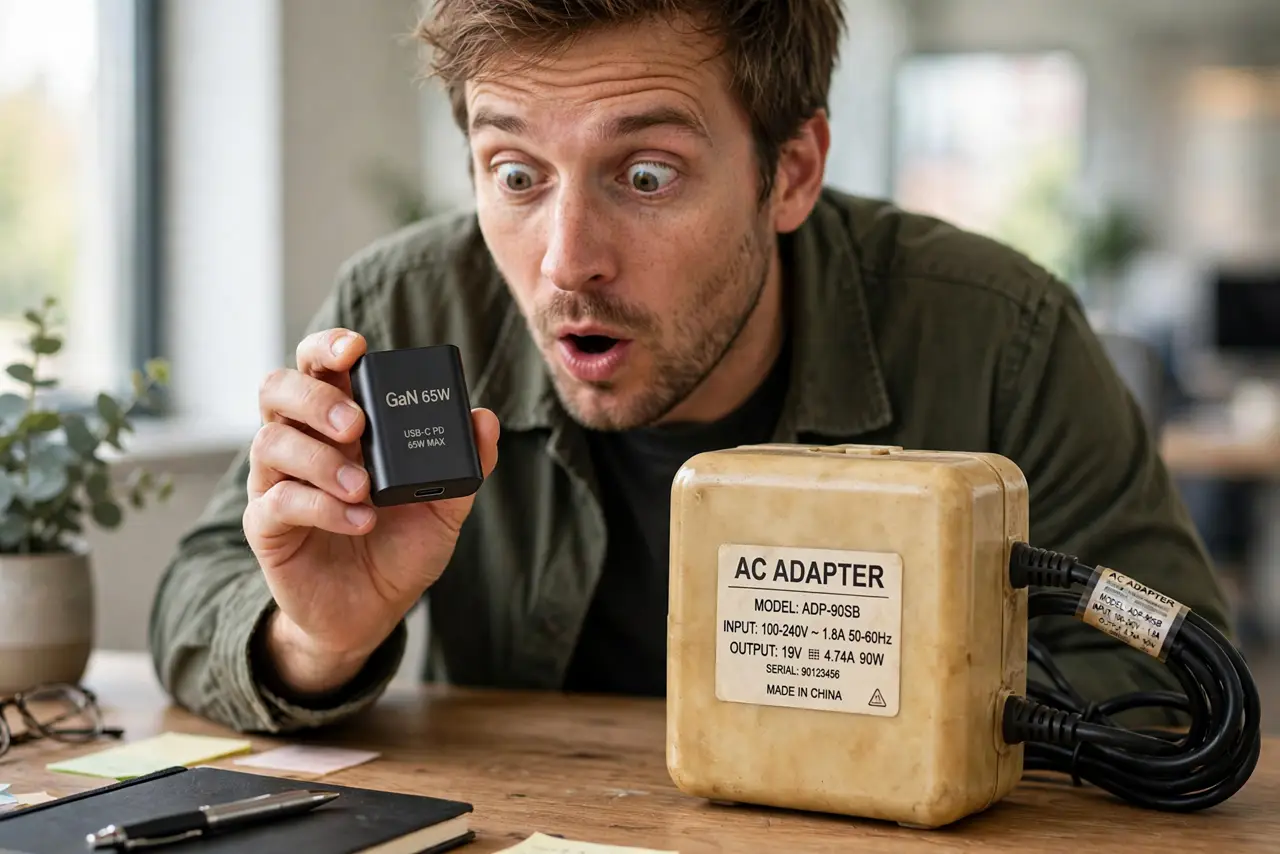 A person holding a small real GaN charger next to a large old-style charger brick for scale, the person's face