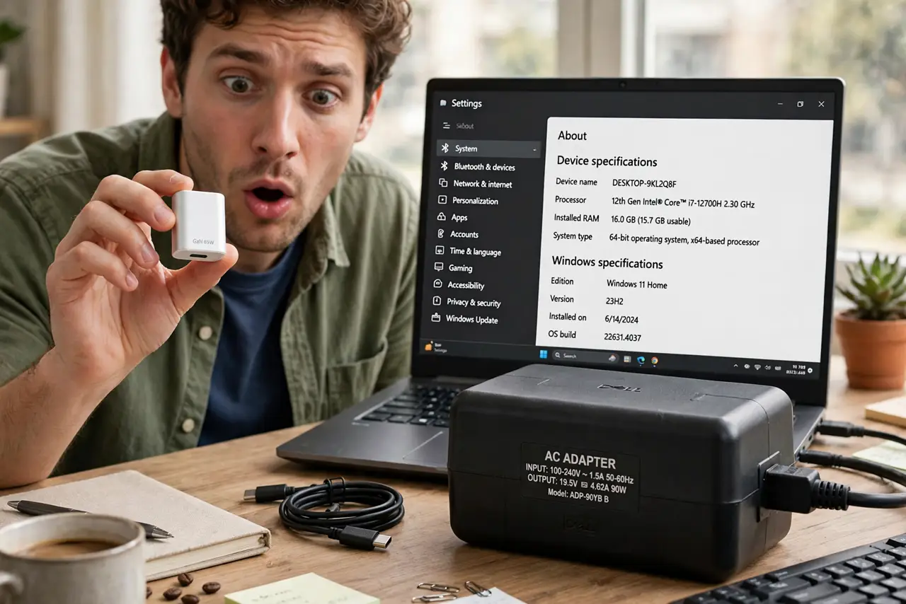 a person holding a small real GaN charger next to a large old laptop power brick for size comparison, the person's face impressed, desk. No black screen, no blank white screen, no .