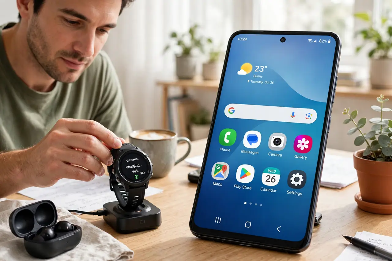 Photoreal photo of a person performing the first step: Charge the watch first. Low battery during pairing causes dropouts that look like Bluetooth ...