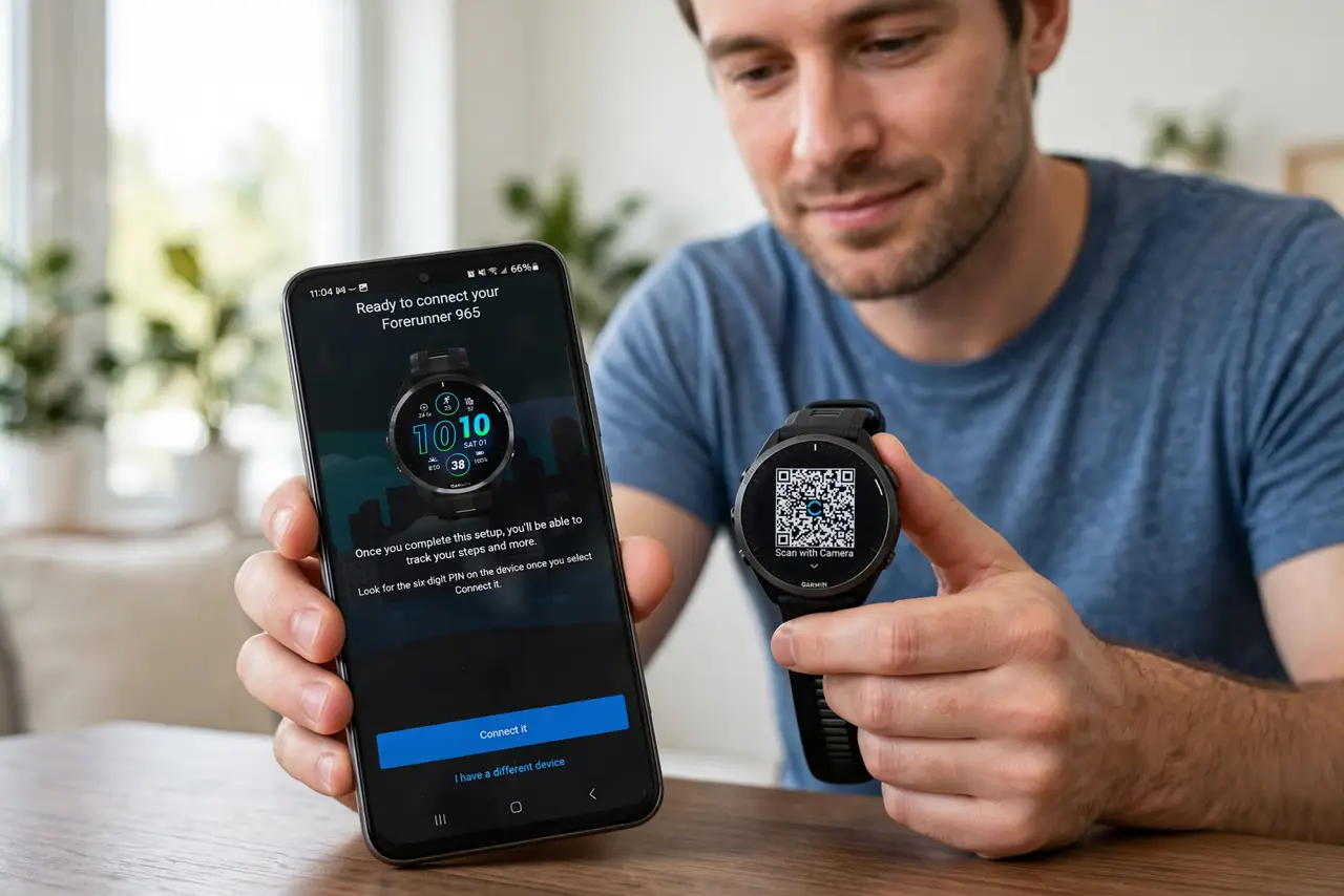 Photoreal photo: a person holding a real Garmin watch next to a real Android phone showing the Garmin Connect app pairing screen with legible text, the person's face patient, bright room. No black screen, no blank ...
