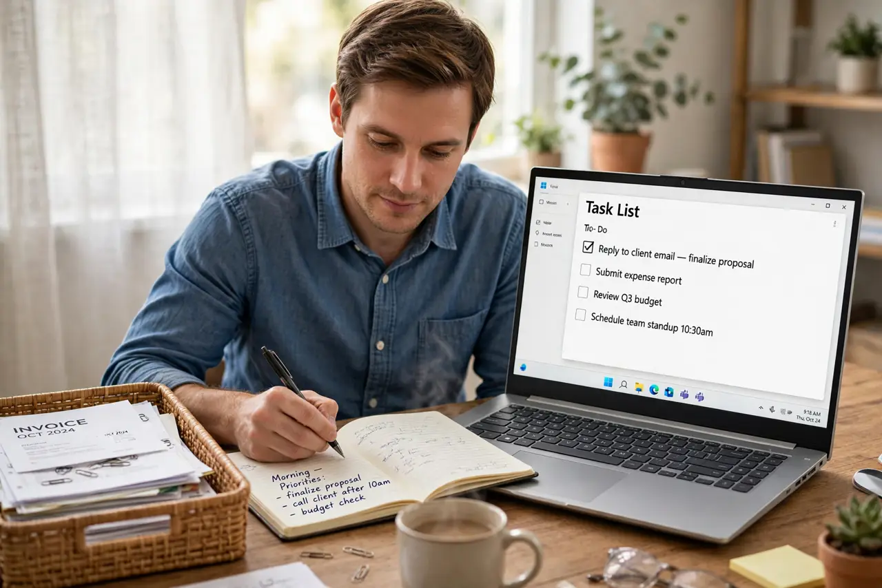 a person at a real desk writing in a notebook beside a laptop showing a legible task list, an inbox tray nearby, the person's face calm and clear, morning light.