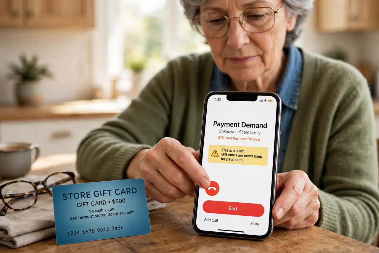 A person performing the first step: Recognize the universal rule. Gift cards as payment = scam. No exceptions — not the IRS, not utilities, not tech.