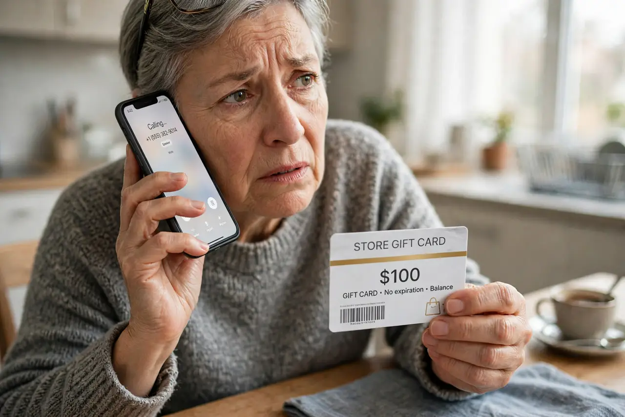 A wary older adult holding a real phone to their ear and a store gift card, the person's face uncertain, kitchen table.